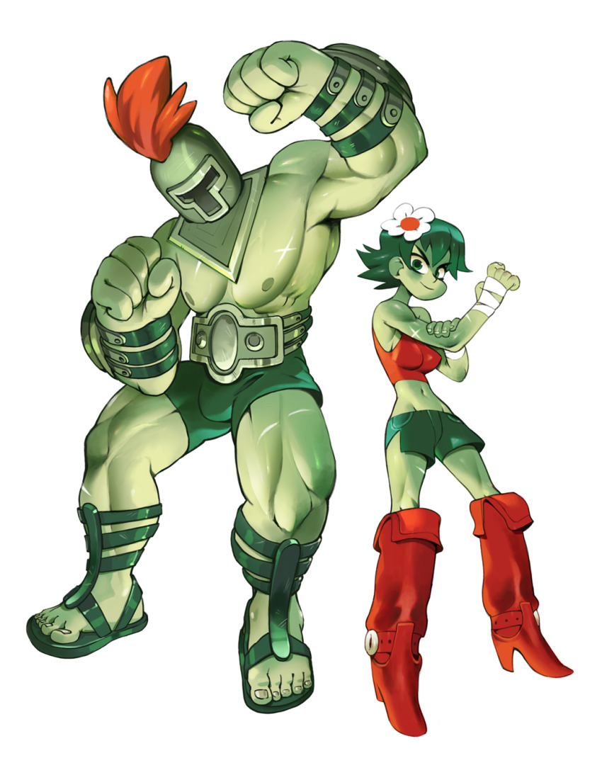 bandages belt black_bike_shorts boots buckle colored_skin curses&#039;n&#039;chaos flower flower_on_head green_hair green_skin helmet highres lea_(curses&#039;n&#039;chaos) leo_(curses&#039;n&#039;chaos) plumage red_tank_top sandals tank_top
