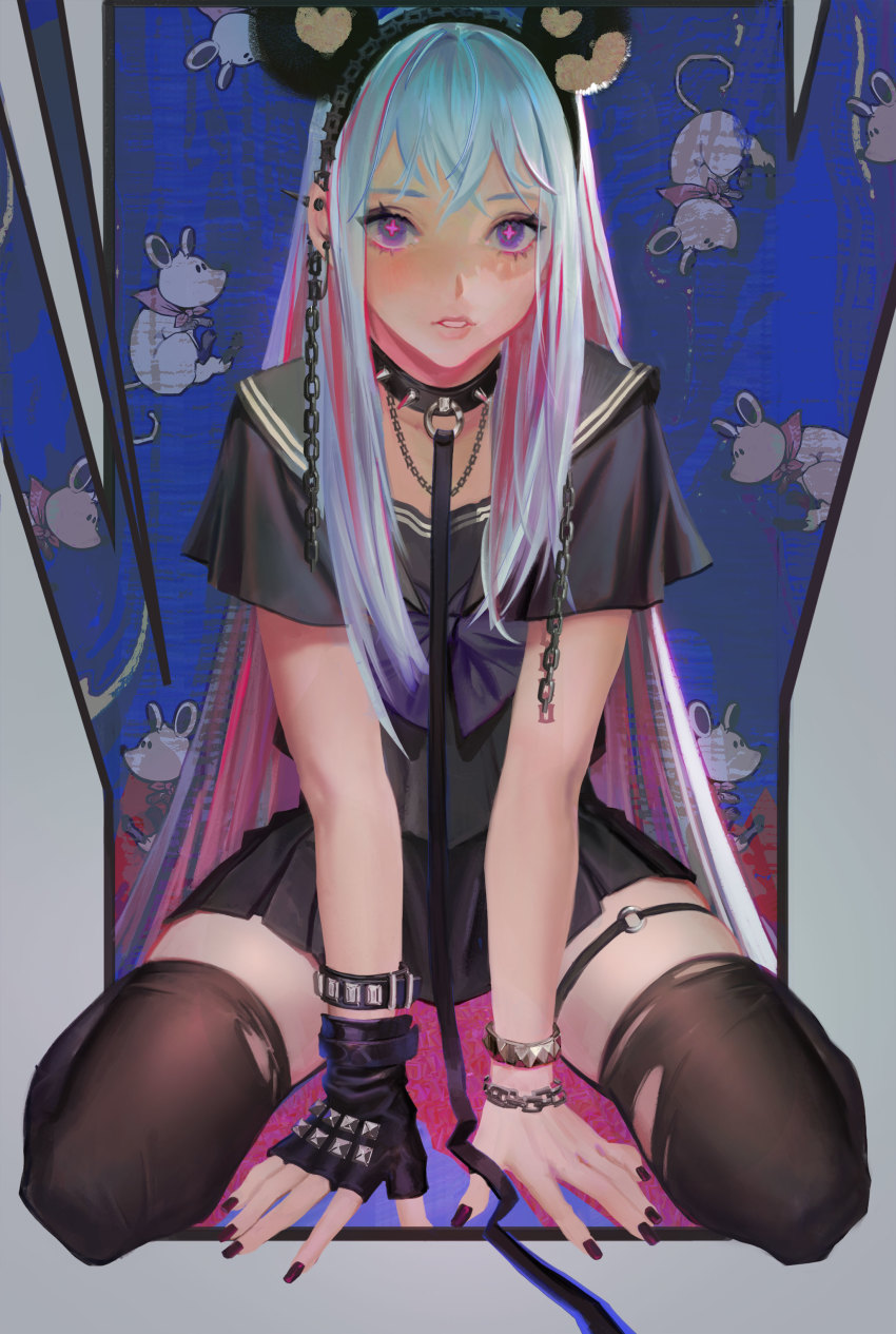 +_+ 1girl absurdres animal_ears aqua_hair arm_support black_gloves black_serafuku black_thighhighs chain collar ear_piercing eyelashes fingerless_gloves fingernails gloves highres leash long_hair looking_at_viewer mouse_ears multicolored_hair nail_polish original parted_lips piercing pink_hair purple_eyes purple_nails purple_ribbon ribbon sailor_collar school_uniform serafuku short_sleeves single_glove sitting solo spiked_collar spikes symbol-shaped_pupils thighhighs torn_clothes torn_thighhighs two-tone_hair v_arms wariza wowmoto2