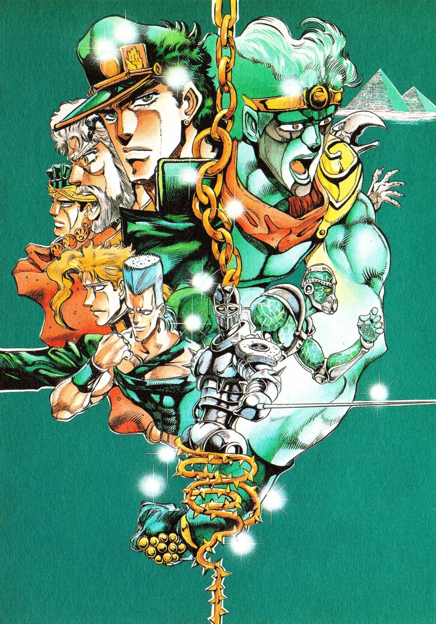 5boys araki_hirohiko armor beard black_hair black_hat blonde_hair chain earrings facial_hair gakuran hat hermit_purple hierophant_green highres holding holding_sword holding_weapon jean_pierre_polnareff jewelry jojo_no_kimyou_na_bouken joseph_joestar joseph_joestar_(old) kakyoin_noriaki kuujou_joutarou magician&#039;s_red mohammed_avdol multiple_boys muscular necklace official_art open_mouth pyramid_(structure) school_uniform silver_chariot simple_background single_shoulder_pad stand_(jojo) star_platinum stardust_crusaders sword thorns weapon white_hair wristband yellow_eyes