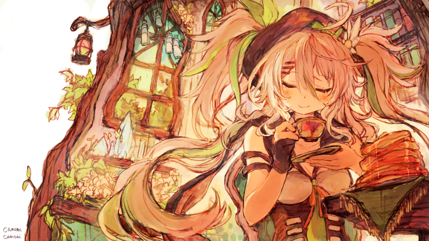 1girl ahoge bare_shoulders beret black_gloves black_hat blush book bookshelf camomi camomi_camomi closed_eyes closed_mouth commentary_request cup female_focus flower food gloves green_hair grey_hair hair_between_eyes hair_flower hair_ornament hairclip hat highres holding holding_cup holding_saucer indie_virtual_youtuber lantern long_hair multicolored_hair nanashi_inc. pancake pancake_stack partially_fingerless_gloves saucer shirt signature sleeveless sleeveless_shirt smile solo streaked_hair teacup twintails very_long_hair virtual_youtuber white_background white_flower white_shirt window