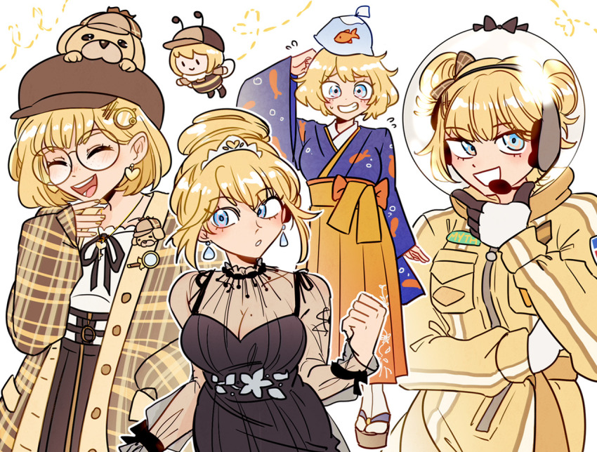 ._. 1girl :&gt; :d :o alt_text animal animal_on_head animal_print antennae bag bagged_fish bee_costume black_dress blonde_hair blue_eyes blue_kimono blush breasts brown_hat brown_jacket bubba_(watson_amelia) chibi cleavage closed_eyes closed_mouth clothed_animal commentary dog dog_on_head double_bun dress earpiece earrings english_commentary eyelashes fish fish_print flying flying_sweatdrops glasses goldfish goldfish_print hair_bun hakama hakama_skirt hand_on_own_head hat heart helmet hololive hololive_english insect_wings jacket japanese_clothes jewelry kimono ministarfruit mole mole_on_breast multiple_views nail_polish nervous_smile obi official_alternate_costume official_alternate_hairstyle okobo on_head open_clothes open_jacket open_mouth orange_sash orange_skirt plastic_bag platform_sandals print_kimono round_eyewear sandals sash see-through_clothes see-through_sleeves short_hair simple_background skirt smile smol_ame socks space_helmet spacesuit sweatdrop tabi teeth virtual_youtuber water watson_amelia watson_amelia_(astronaut) watson_amelia_(new_year) watson_amelia_(party_dress) watson_amelia_(street_casual) white_background white_socks wings yellow_nails