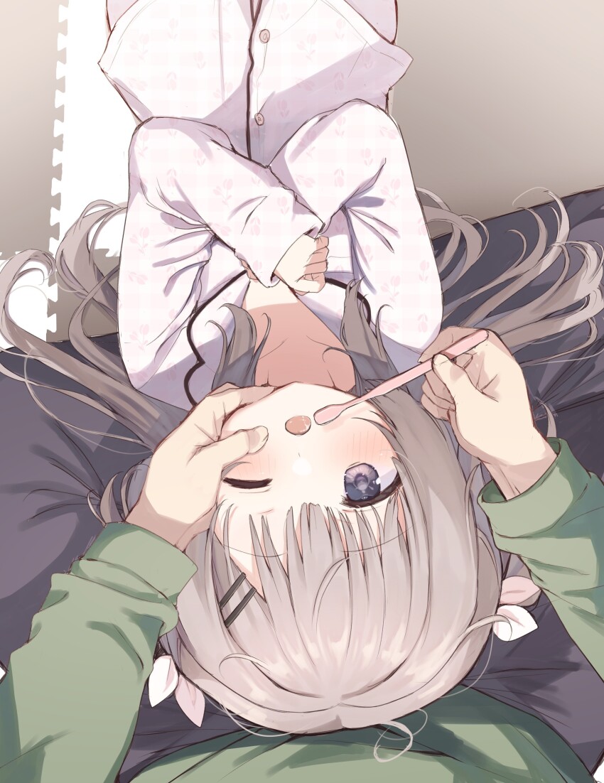 1boy 1girl absurdres blush bow brushing_another&#039;s_teeth buttons collarbone commentary_request green_shirt grey_eyes grey_hair hair_bow hair_ornament hairclip highres holding holding_toothbrush indian_style indoors lap_pillow long_hair long_sleeves looking_at_viewer lying one_eye_closed open_mouth original pajamas pants pink_bow pov saliva shirt sitting sleeves_past_wrists takepoison toothbrush white_pajamas white_pants white_shirt