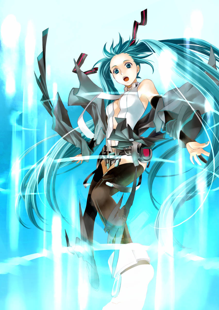 1girl absurdres alternate_form anklet aqua_eyes aqua_hair barefoot belt blue_eyes blue_hair blue_theme bridal_gauntlets elbow_gloves eyebrows female_focus fingerless_gloves gloves hatsune_miku hatsune_miku_(append) highres jewelry long_hair matching_hair/eyes necktie ribbon solo thighhighs toeless_legwear toes toyu transformation twintails very_long_hair vocaloid vocaloid_append wind zettai_ryouiki