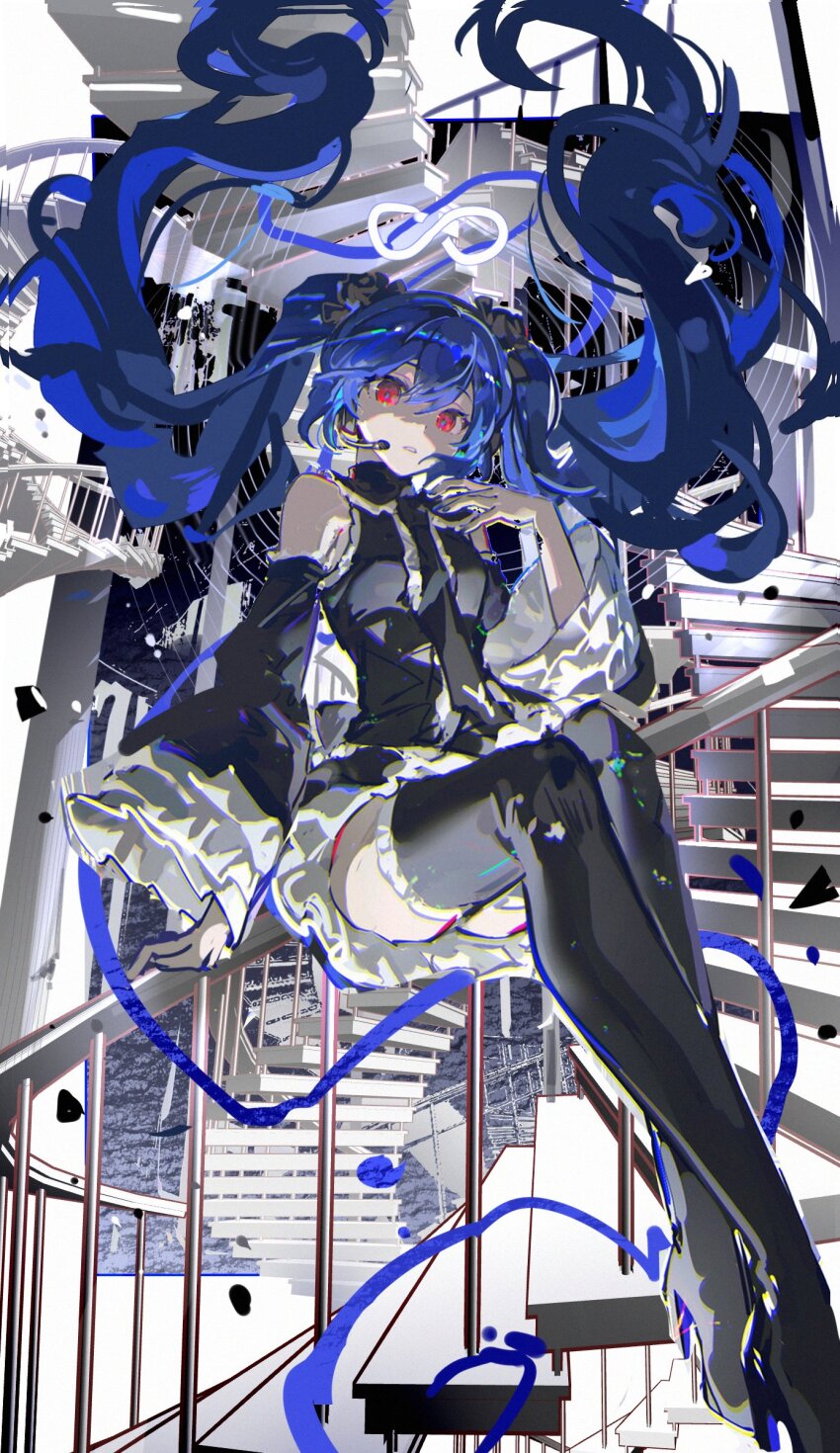 absurdres black_boots black_dress boots breasts check_copyright copyright_request detached_sleeves dress floating_hair frilled_dress frilled_sleeves frills grey_eyes hand_up hatsune_miku hatsune_miku_(infinity) headset high_heel_boots high_heels highres infinity_symbol long_hair looking_at_viewer mento parted_lips project_diva_(series) purple_hair sitting sleeveless sleeveless_dress small_breasts stairs thigh_boots twintails very_long_hair vocaloid wide_sleeves