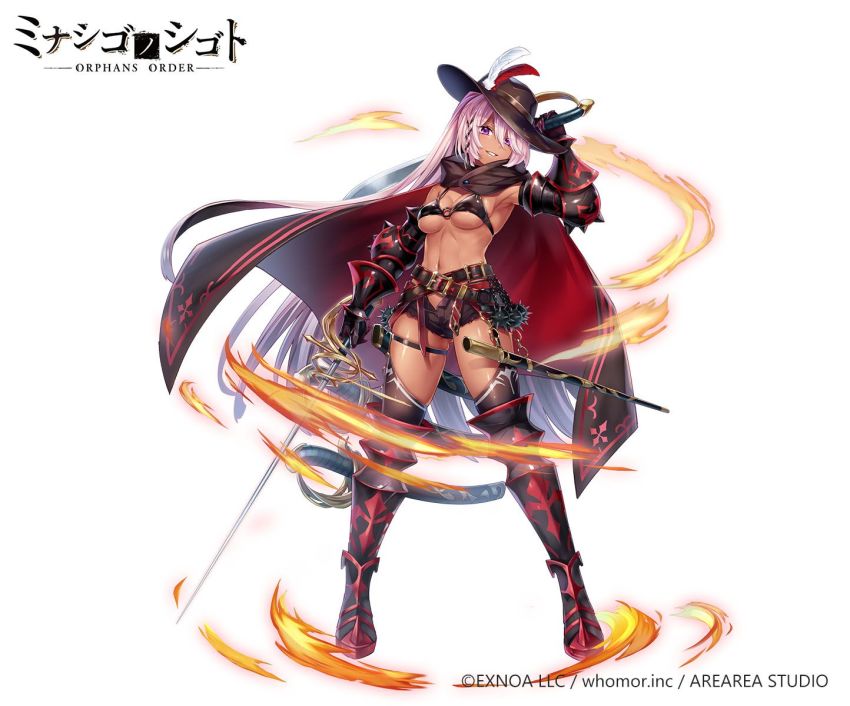 1girl armored_boots armpits belt belt_buckle bikini bikini_top_only black_belt black_bikini black_cape black_hat black_shorts black_thighhighs boots breasts buckle cape copyright_notice copyright_request cowboy_hat cutlass dark-skinned_female dark_skin gauntlets hat highres holding holding_sword holding_weapon medium_breasts navel o-ring o-ring_bikini o-ring_top official_art rapier red_cape ryuuki_(hydrangea) sheath short_shorts shorts simple_background solo spikes swimsuit sword thighhighs thighhighs_under_boots unsheathed watermark weapon white_background