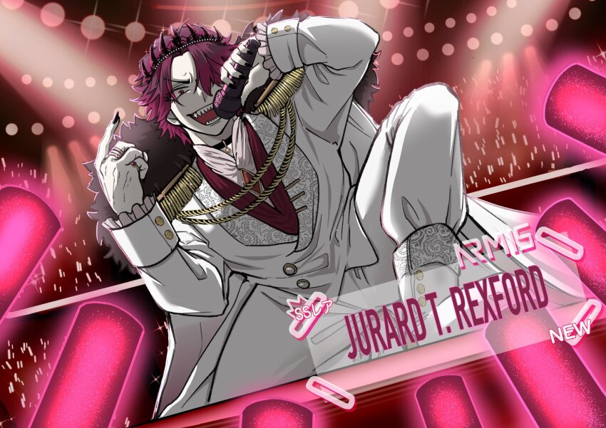 1boy 55wa1059ka black_choker boots buttoned_cuffs buttons cape character_name choker commentary concert crowd crown english_commentary epaulettes frilled_cuffs fur_collar fur_trim glowstick highres holding holding_microphone holostars holostars_english idol idol_clothes jacket jewelry jurard_t_rexford knee_up male_focus microphone on_one_knee open_mouth pants penlight_(glowstick) pointing red_eyes red_hair red_theme ring sharp_teeth solo spotlight stage_lights teeth virtual_youtuber white_boots white_jacket white_pants