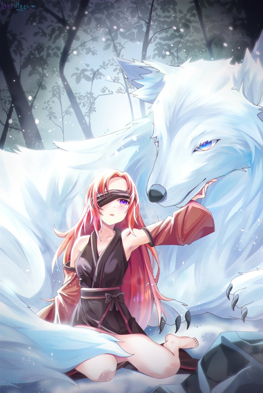 1girl absurdres animal barefoot belt black_belt black_dress blindfold blue_eyes claws collarbone commentary commission detached_sleeves dress english_commentary forest halterneck highres long_hair looking_afar lori_hagami nature one_eye_covered open_mouth original oversized_animal purple_eyes red_hair signature sleeveless sleeveless_dress solo toes very_long_hair white_wolf