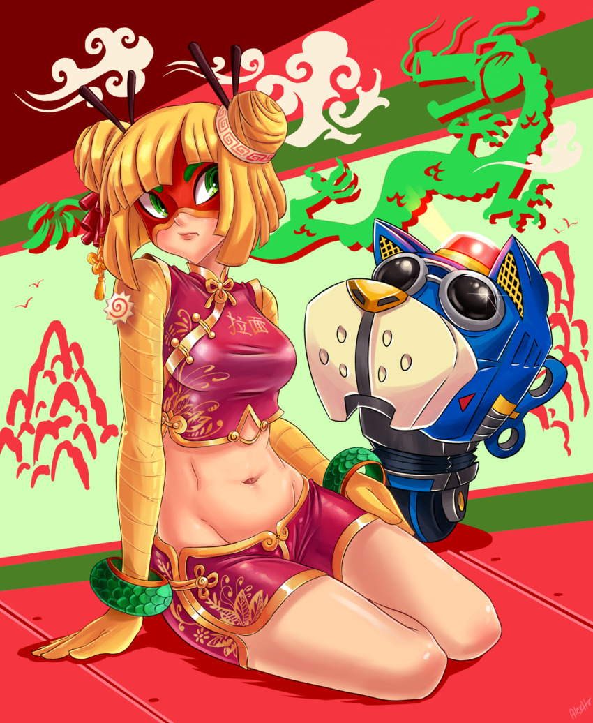 1girl alternate_costume alternate_hairstyle arms_(game) barq blonde_hair bracelet breasts centaurhillzone china_dress chinese_clothes chopsticks double_bun dragon dress frown green_eyes groin hair_bun highres image_sample jewelry mask medium_breasts midriff min_min_(arms) navel nintendo robot shorts sitting