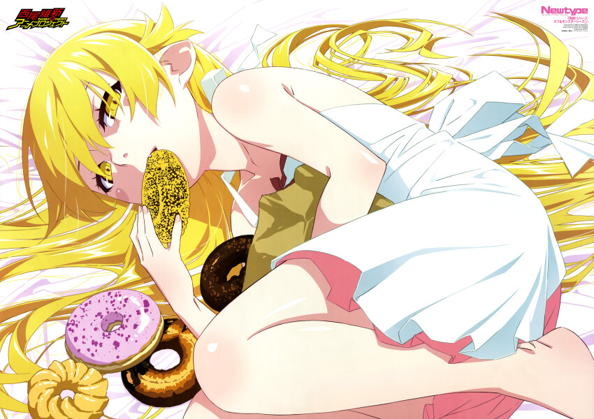 1girl absurdres bare_shoulders barefoot blonde_hair donut dress fetal_position flat_chest food highres long_hair looking_at_viewer lying monogatari_(series) nagata_hiroto newtype official_art on_side oshino_shinobu pointy_ears solo sundress white_dress yellow_eyes