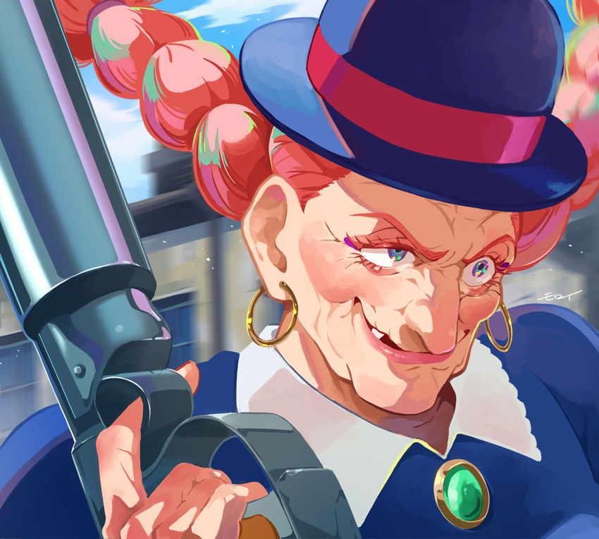 1girl crooked_teeth dola_(laputa) earrings female_focus gun hat highres holding holding_gun holding_weapon jewelry long_nose makeup moroi old old_woman pink_hair studio_ghibli tenkuu_no_shiro_laputa weapon wrinkled_skin