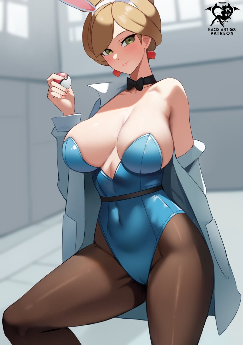 1girl bare_shoulders blush bow bowtie breasts cameltoe coat coat_on_shoulders collarbone covered_navel earrings green_eyes groin_tendon hairband highres indoors jewelry kaos_art lab_coat large_breasts looking_at_viewer nail_polish nintendo off_shoulder pantyhose pink_nails playboy_bunny poke_ball poke_ball_(basic) pokemon pokemon_bw professor_juniper rabbit_ears smile solo wide_hips