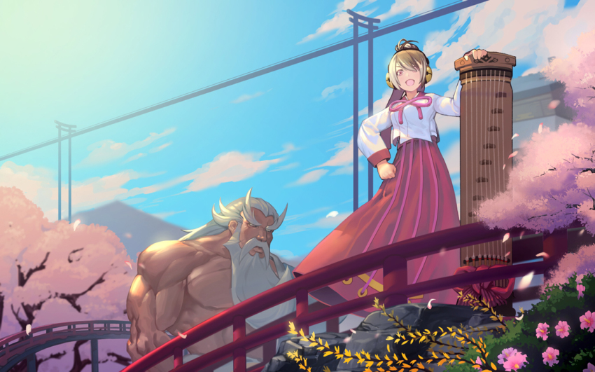 1girl antenna_hair beard bridge brown_hair clothes_lift dress facial_hair guilty_gear guilty_gear_xrd hair_over_one_eye hand_on_own_hip headphones instrument k1_(erin22) korean_clothes kum_haehyun kum_jonryoku long_dress long_hair multicolored_hair muscular old old_man shirt_lift two-tone_hair white_hair