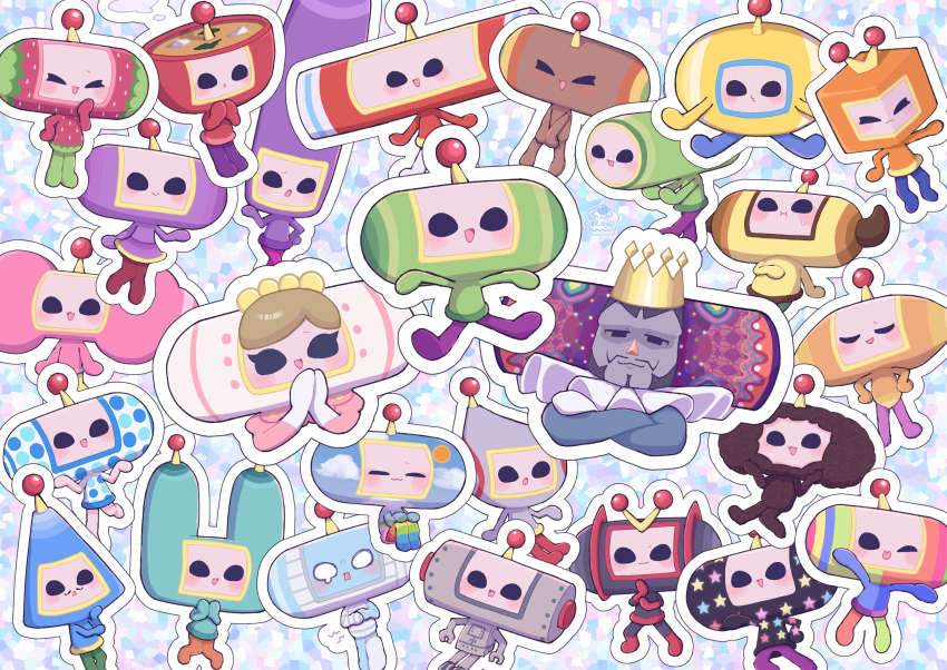 6+boys 6+girls :i absurdres ace_(katamari_damacy) antennae black_eyes bowl brown_hair closed_eyes closed_mouth colombo_(katamari_damacy) crown dipp_(katamari_damacy) everyone foomin_(katamari_damacy) fujio_(katamari_damacy) gloves hands_up havana_(katamari_damacy) highres honey_(katamari_damacy) ichigo_(katamari_damacy) johnson_(katamari_damacy) june_(katamari_damacy) jungle_(katamari_damacy) katamari_damacy king_of_all_cosmos kuro_(katamari_damacy) lalala_(katamari_damacy) marcy_(katamari_damacy) marny_(katamari_damacy) miso_(katamari_damacy) miso_soup multiple_boys multiple_girls nickel_(katamari_damacy) nik_(katamari_damacy) odeko_(katamari_damacy) open_mouth opeo_(katamari_damacy) peso_(katamari_damacy) polka_dot queen_of_all_cosmos rainbow_print shikao_(katamari_damacy) sky_print star_(symbol) star_print teardrop the_prince_(katamari_damacy) umm15 velvet_(katamari_damacy) white_gloves