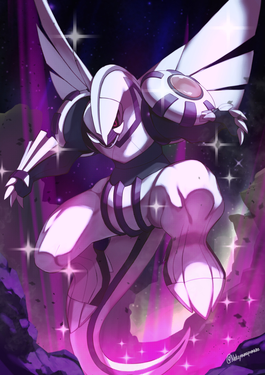 absurdres black_sclera claws colored_sclera commentary_request fangs gen_4_pokemon hareruya_(smomo2227) highres legendary_pokemon night nintendo no_humans outdoors palkia pokemon pokemon_(creature) pokemon_focus red_eyes solo sparkle twitter_username