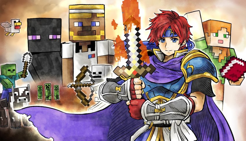 1boy alex_(minecraft) armor arrow_(projectile) binding_blade_(weapon) blue_eyes book bow cape chicken_(minecraft) cow_(minecraft) creeper enderman fire fire_emblem fire_emblem:_the_binding_blade gauntlets gloves headband holding holding_sword holding_weapon kicdon looking_at_viewer minecraft minecraft_sword nintendo open_mouth parody red_eyes red_hair roy_(fire_emblem) short_hair shovel skeleton_(minecraft) smile steve_(minecraft) sword weapon zombie_(minecraft)