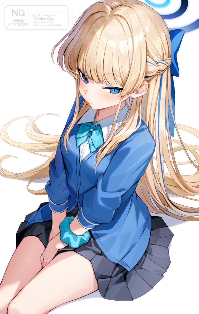 1girl black_skirt blonde_hair blue_archive blue_bow blue_bowtie blue_cardigan blue_eyes blue_hair bow bowtie cardigan closed_mouth collared_shirt commentary_request highres long_hair long_sleeves looking_at_viewer official_alternate_costume pleated_skirt shirt sitting skirt solo toki_(blue_archive) toki_(school_uniform)_(blue_archive) tsugutoku very_long_hair white_shirt