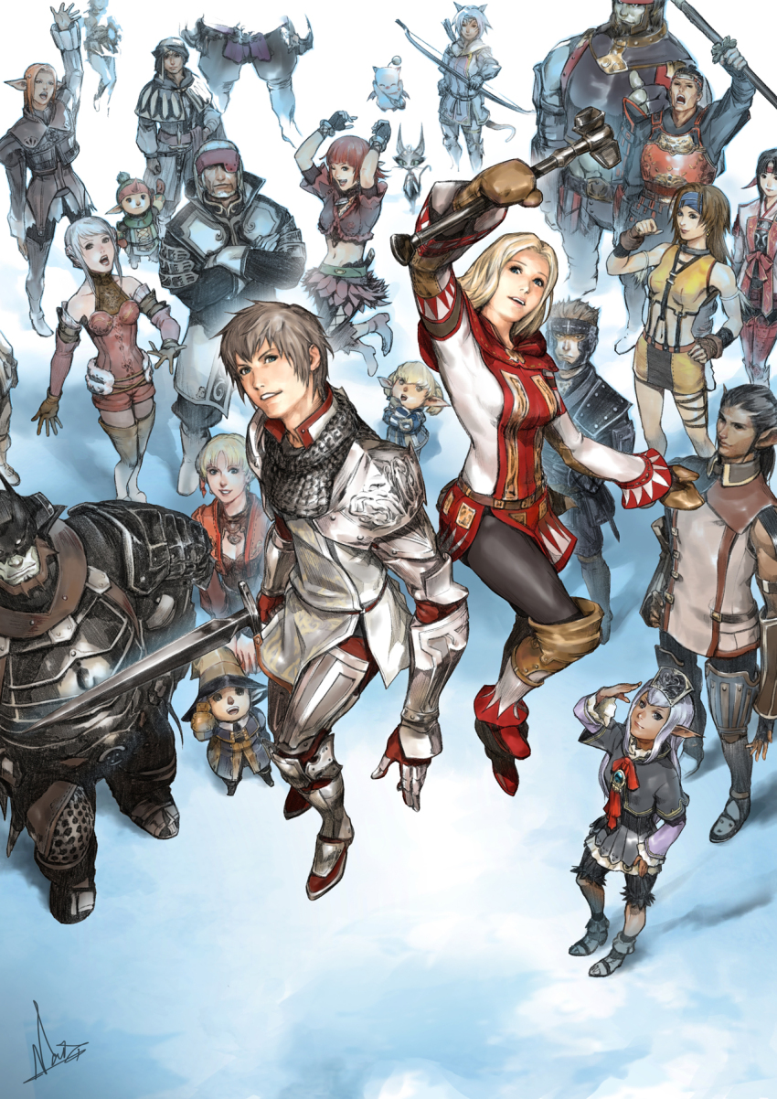 6+boys 6+girls :d ;d adventurer_(ff11) afumau_(final_fantasy) aldo_(ff11) arciela_v_adoulin arm_up armor arms_up bare_shoulders beard black_armor black_gloves black_hair black_helmet black_mage_(final_fantasy) black_pantyhose blonde_hair blue_eyes blue_headband bodysuit bow_(weapon) breasts brown_hair brown_mittens cait_sith_(final_fantasy) cleavage closed_mouth collarbone commentary cropped_shirt crossed_arms dancer_(final_fantasy) dark-skinned_female dark-skinned_male dark_skin earrings elf elvaan eyepatch facial_hair final_fantasy final_fantasy_xi fingerless_gloves galka gauntlets gilgamesh_(final_fantasy) gloves greaves grey_hair hand_on_own_hip hat headband helmet highres holding holding_bow_(weapon) holding_sword holding_weapon hume iroha_(ff11) japanese_clothes jewelry jumping kimono lilisette lion_(ff11) medium_breasts miniskirt mithra_(ff11) mittens moogle multiple_boys multiple_girls naora_yusuke navel ninja_(final_fantasy) official_art ojou-sama_pose one_eye_closed open_mouth orange_hair paladin_(final_fantasy) pantyhose pointy_ears prishe purple_hair red_bodysuit red_hair robe second-party_source semih_lafihna shantotto shirt shoulder_armor signature skirt smile summoner_(final_fantasy) sword tarutaru teeth tenzen_(ff11) turban ulmia upper_teeth_only warrior_(final_fantasy) weapon white_gloves white_kimono white_mage_(final_fantasy) witch_hat yellow_shirt zeid