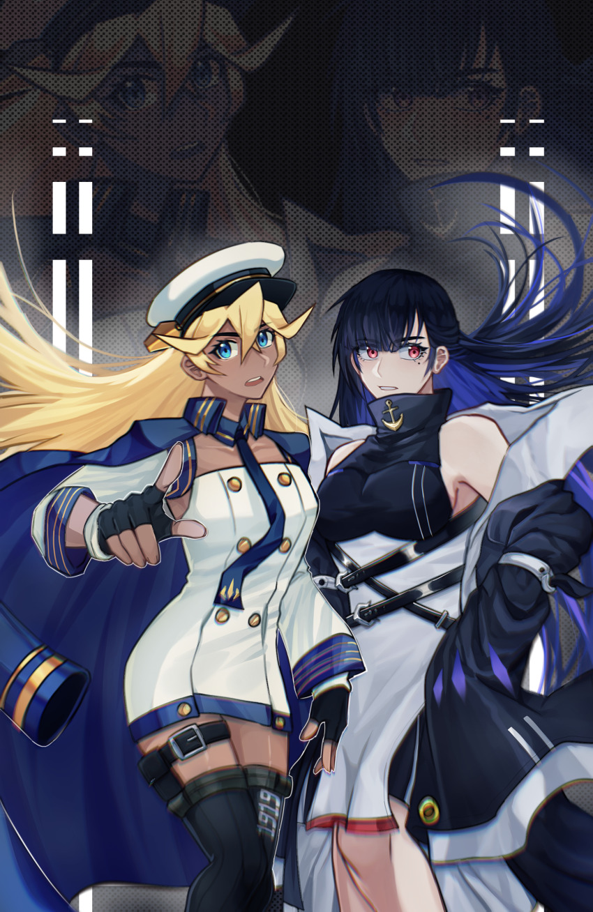 2girls absurdres azur_lane bare_shoulders belt black_gloves black_hair blonde_hair blue_coat blue_eyes blue_hair blue_necktie buttons chromatic_aberration coat colored_inner_hair dark-skinned_female dark_skin dress fingerless_gloves gloves hat highres long_hair looking_at_viewer military_uniform mole mole_under_eye multicolored_hair multiple_girls necktie open_mouth pan_(user_zdvk2337) peaked_cap pointing pointing_at_viewer red_eyes short_dress tennessee_(azur_lane) thigh_belt thigh_strap turtleneck west_virginia_(azur_lane) white_dress white_headwear