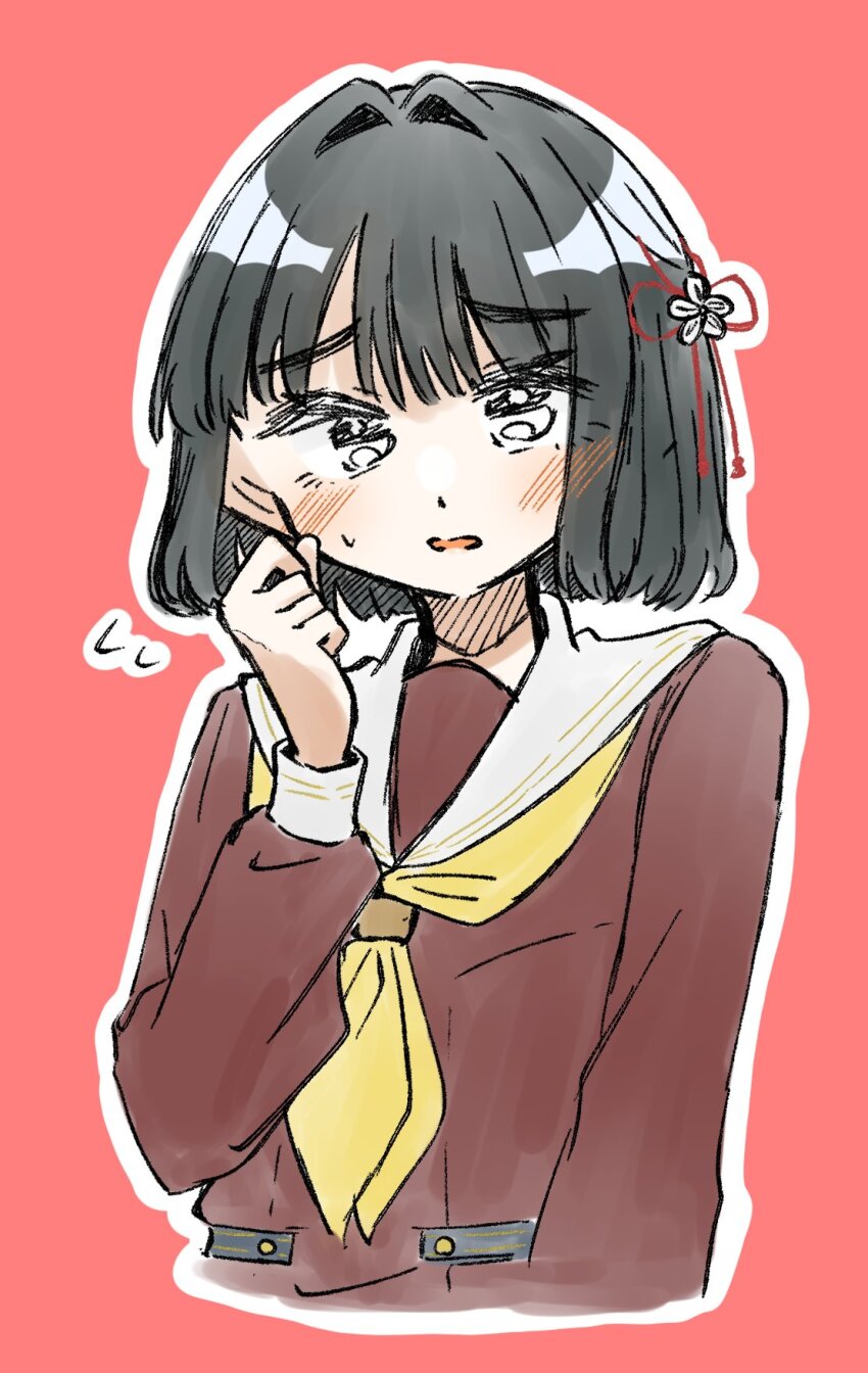 1girl black_hair blunt_bangs blunt_ends blush bob_cut brown_dress commentary cropped_torso dress flower flower_knot flying_sweatdrops green_eyes hair_flower hair_intakes hair_ornament hasu_no_sora_school_uniform highres link!_like!_love_live! long_sleeves looking_at_viewer love_live! momose_ginko neckerchief open_mouth outline peanut_mouth puripuri_hurai red_background sailor_collar sailor_dress school_uniform short_hair solo sweatdrop virtual_youtuber white_outline white_sailor_collar winter_uniform yellow_neckerchief