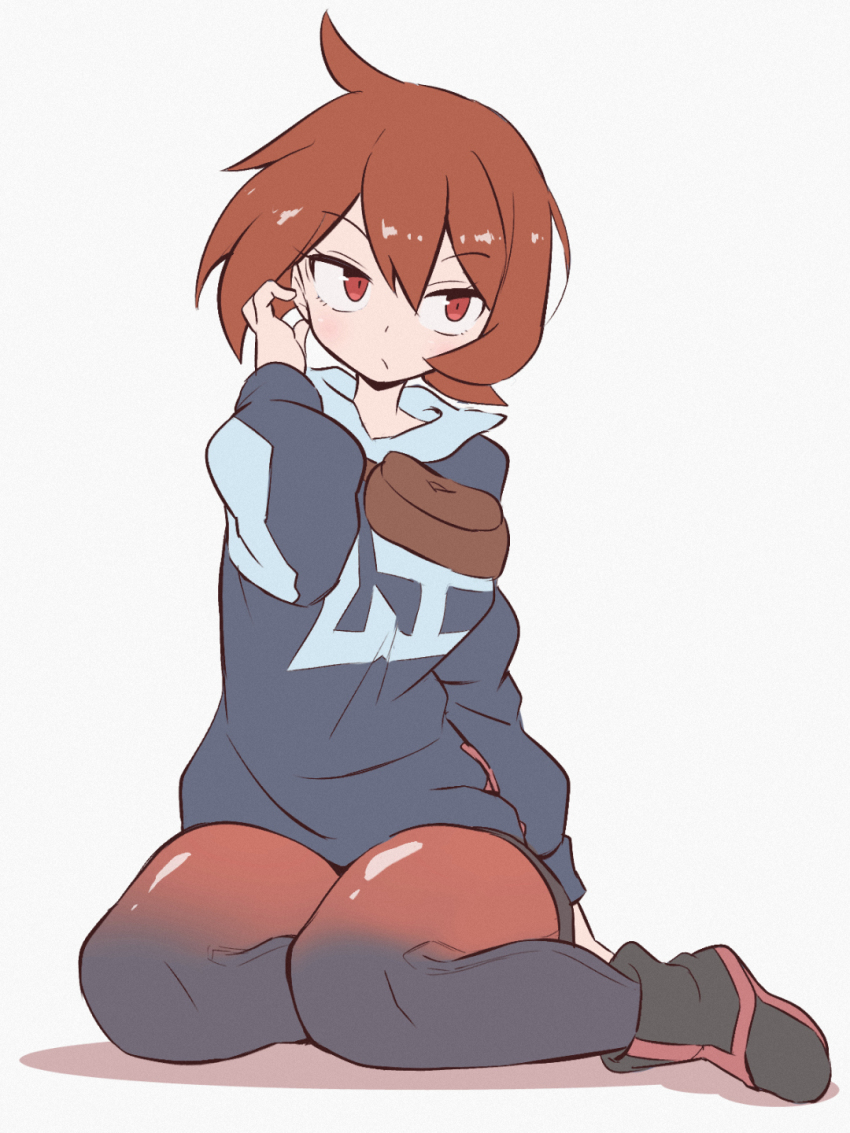 1girl :/ arezu_(pokemon) arm_at_side black_shoes black_shorts blue_sweater blush breasts closed_mouth female_focus full_body grey_background hand_up head_tilt highres kurachi_mizuki leggings long_sleeves looking_to_the_side multicolored_leggings nintendo pokemon pokemon_legends:_arceus pouch red_eyes red_hair red_leggings shiny_clothes shoes short_hair short_shorts shorts sidelocks simple_background sitting small_breasts solo sweater yokozuwari