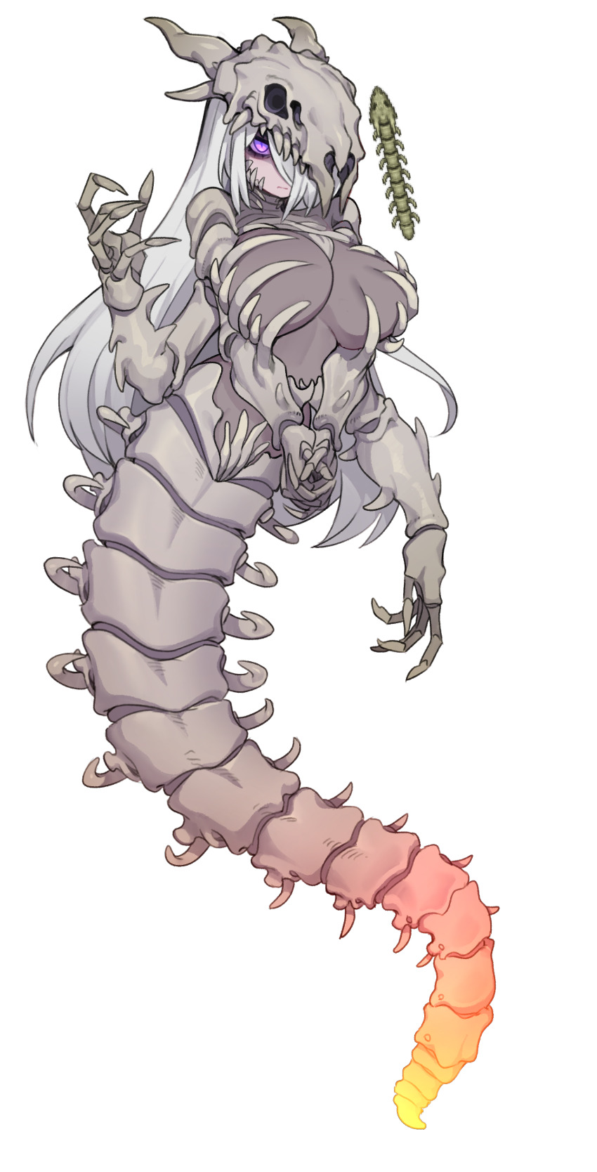 1girl absurdres bone_serpent_(terraria) breasts closed_mouth commentary_request extra_arms frown full_body highres korean_commentary large_breasts monster_girl nyong_nyong paid_reward_available personification purple_eyes simple_background skeletal_hand skeleton skull_on_head solo terraria white_background white_hair