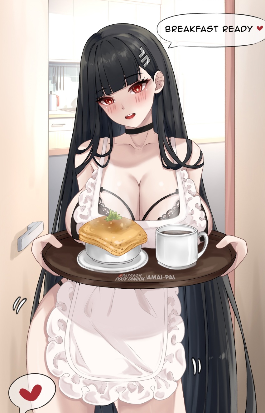 1girl amai-pai apron black_bra black_choker black_hair blue_archive blush bra breasts choker cleavage collarbone cup hair_between_eyes hair_ornament hairpin heart highres indoors kitchen large_breasts long_hair looking_at_viewer mug open_mouth red_eyes rio_(blue_archive) smile solo speech_bubble teeth underwear upper_teeth_only white_apron