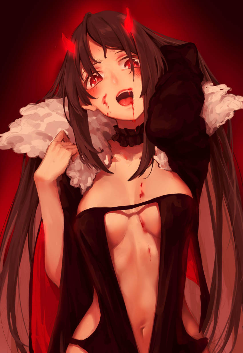 1girl :d absurdres arm_up black_dress blood blood_on_face blood_stain blush breasts brown_hair center_opening choker cyta_celest dress fate/grand_order fate_(series) female_focus fur_collar head_tilt highres horns long_hair looking_at_viewer open_mouth red_background red_eyes revealing_clothes sidelocks simple_background smile solo teeth upper_body wide_sleeves yu_mei-ren_(fate) yu_mei-ren_(third_ascension)_(fate)