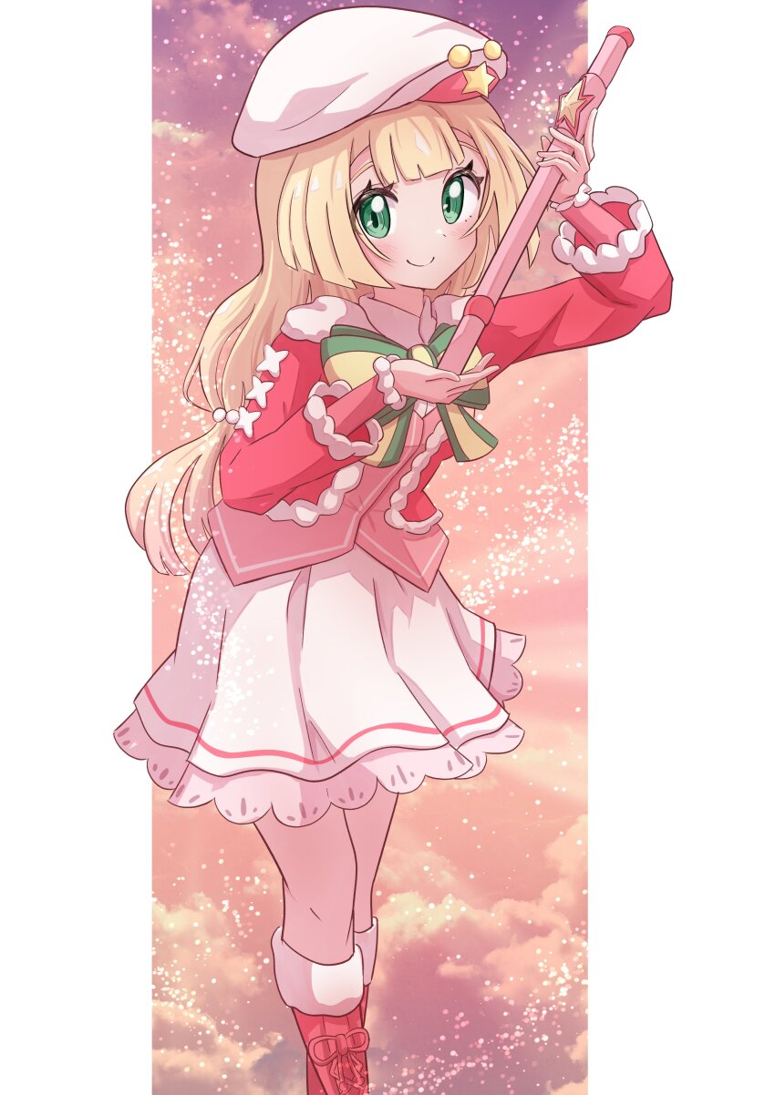 1girl absurdres blonde_hair blush closed_mouth dress eyelashes flute frills green_eyes hat highres holding holding_instrument instrument lillie_(holiday_2024)_(pokemon) lillie_(pokemon) long_hair long_sleeves looking_at_viewer nintendo official_alternate_costume pokemon pokemon_masters_ex recorder ribbon rono_(lethys) shirt skirt smile solo white_hat white_skirt