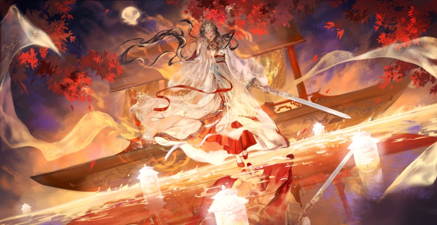 1girl absurdres autumn autumn_leaves black_hair blood blood_on_face blue_sky character_request chinese_clothes chongjiu_yi_kuang_yan closed_mouth crown dutch_angle expressionless eyelashes falling_leaves floating_clothes floating_hair forehead_jewel full_body full_moon gem gold_crown hanfu highres holding holding_sword holding_weapon lantern leaf lipstick long_hair long_skirt long_sleeves looking_at_viewer magic makeup moon nikki_(series) outdoors outstretched_hand paper_lantern red_gemstone red_lips red_shoes red_skirt reflection reflective_water robe shining_nikki shoes shrine skirt sky solo standing standing_on_liquid straight-on sword thick_eyebrows tree twilight very_long_hair weapon white_hanfu white_robe wide_sleeves yellow_eyes
