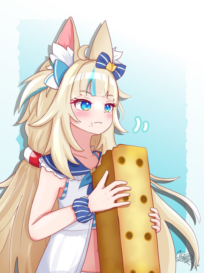 1girl absurdres ahoge animal_ears blonde_hair blue_bow blue_eyes blue_hair blue_scrunchie blush bow cat_ears closed_mouth dress eating fang food hair_bow highres holding holding_food indie_virtual_youtuber lifebuoy_hair_ornament long_hair low_twintails mini_person multicolored_hair one_side_up rei_(2812q) sameko_saba scrunchie sleeveless sleeveless_dress streaked_hair twintails very_long_hair virtual_youtuber white_dress