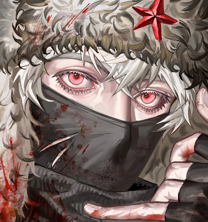 1boy absurdres axis_powers_hetalia blood blood_on_clothes blood_on_face blood_on_hands close-up fingerless_gloves fur_hat gloves hat highres huijin_lu looking_at_viewer male_focus mask mouth_mask pink_eyes red_star russia_(hetalia) short_hair solo soviet star_(symbol) torn_mask ushanka white_hair