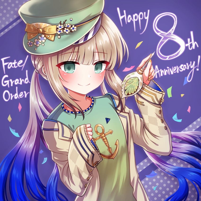 1boy alternate_color_hat alternate_costume anchor_symbol blonde_hair blue_background captain_nemo_(fate) captain_nemo_(reading_holiday)_(fate) english_text fate/grand_order fate_(series) flower flower_in_hat green_eyes green_hat green_shirt happy_anniversary hat hat_flower highres jacket light_blush long_sleeves male_focus nemo_(fate) open_clothes open_jacket shell shell_ocean shirt sleeves_past_wrists smile solo very_long_sleeves