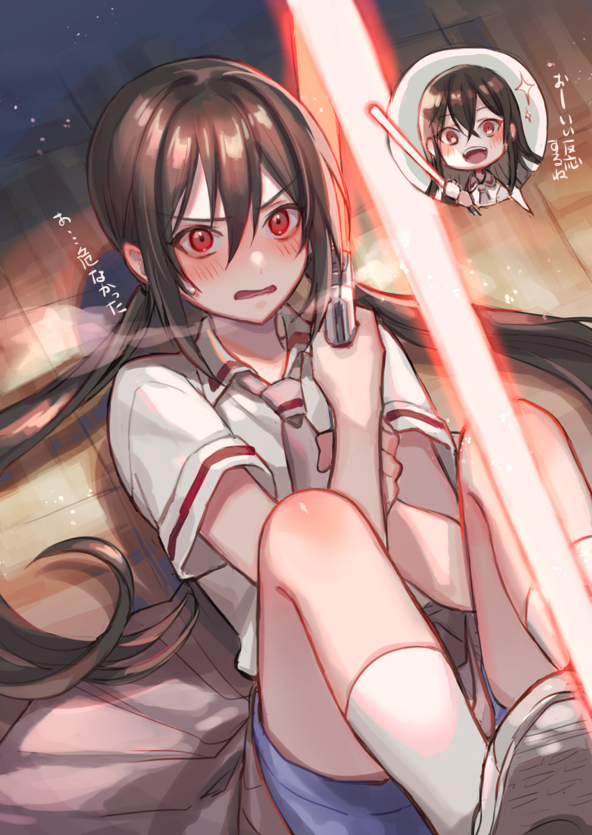 2girls asobi_asobase blush brown_hair collared_shirt energy_sword hair_between_eyes highres holding holding_weapon honda_hanako kneehighs legs_up lightsaber low_twintails lying multiple_girls necktie on_back open_mouth red_eyes school_uniform shirt shoes shorts shorts_under_skirt sidelocks skirt socks suzaku_(zaku6584) sword translated twintails weapon white_shirt