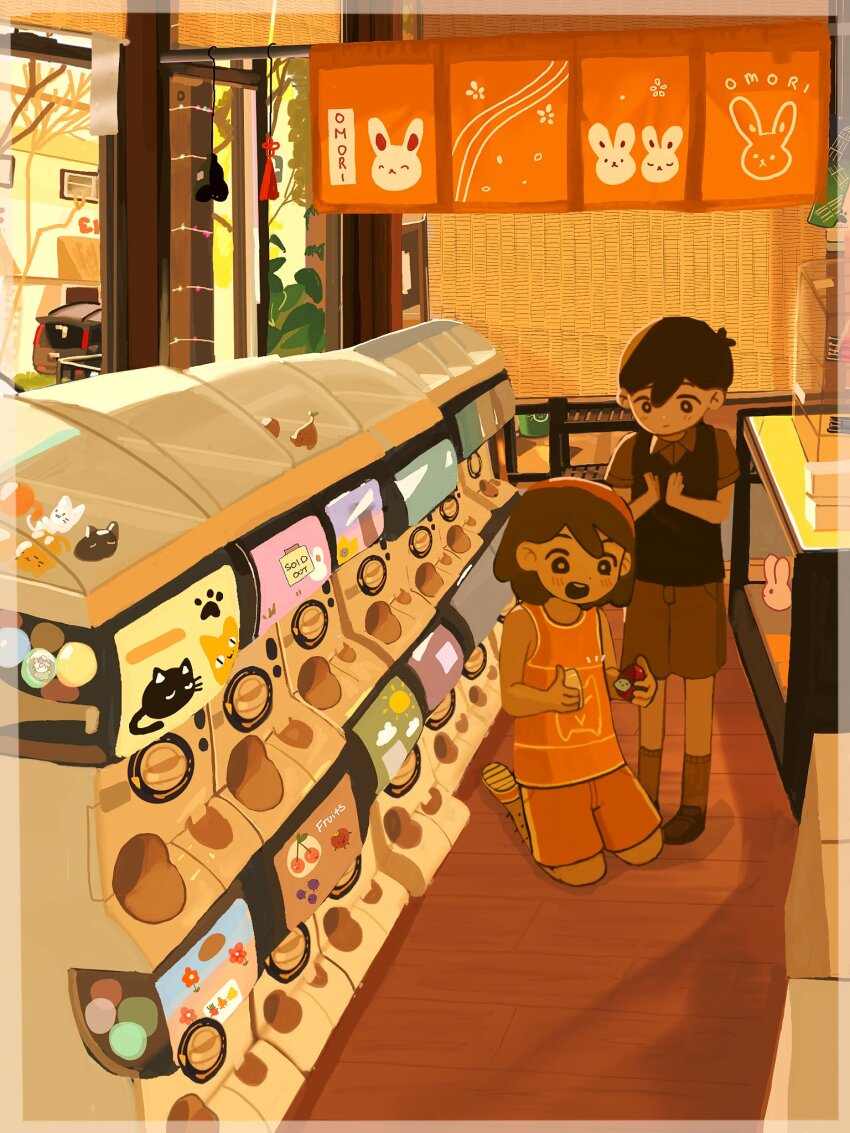2boys antenna_hair black_eyes black_hair black_shoes blush bright_pupils brown_eyes brown_hair brown_shirt brown_shorts brown_socks candlenekra closed_mouth collared_shirt dark-skinned_male dark_skin forest_bunny_(omori) gashapon highres indoors kel_(faraway)_(omori) kel_(omori) kneeling loafers looking_at_another male_focus mewo multiple_boys omori orange_shoes shirt shoes short_hair short_sleeves shorts smile sneakers socks standing sunny_(omori) teeth upper_teeth_only white_pupils