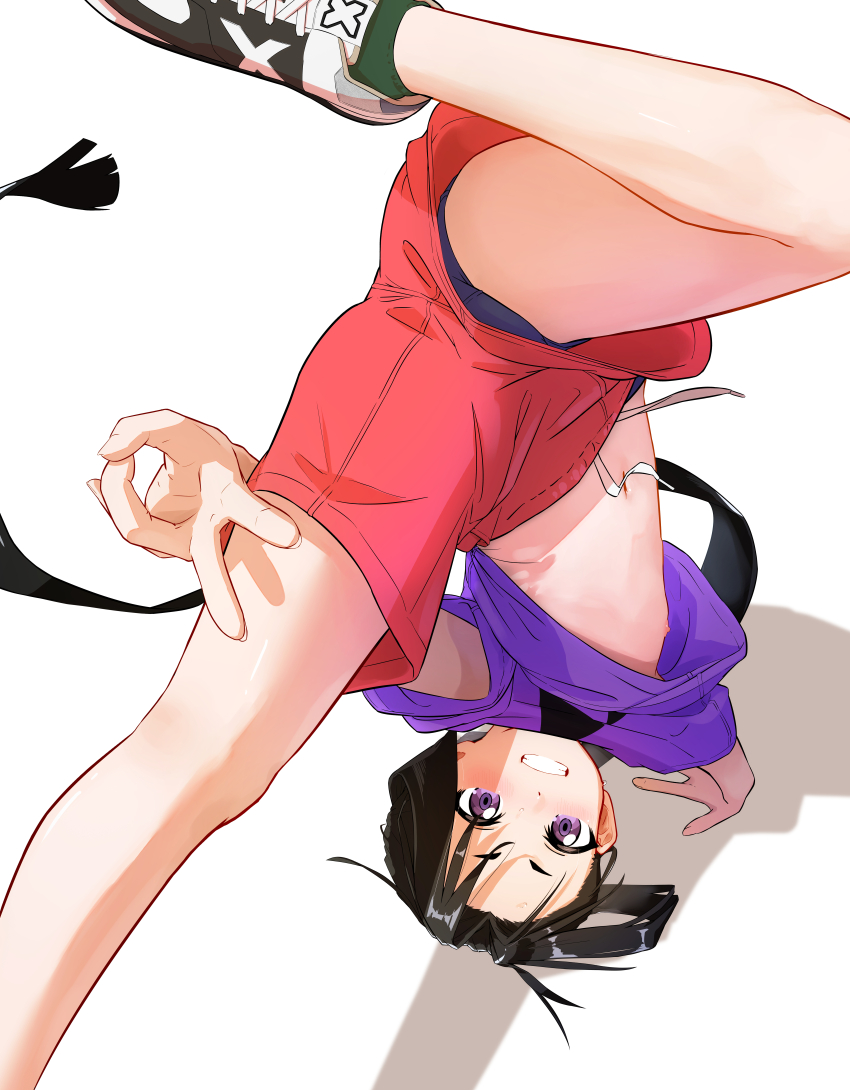 1boy absurdres arm_support bare_legs bishounen black_hair blue_male_underwear blush breakdance bulge_peek clothes_lift commentary_request contemporary crotch_seam drawstring from_above grin hair_intakes hand_up handstand highres houjou_tokiyuki_(nige_jouzu_no_wakagimi) kubari long_hair looking_at_viewer looking_up male_focus male_underwear male_underwear_peek navel nige_jouzu_no_wakagimi nipples one_arm_handstand outstretched_leg parted_bangs ponytail purple_eyes purple_shirt red_shorts shirt shirt_lift shoes short_shorts short_sleeves shorts sidelocks_tied_back simple_background smile sneakers solo spread_legs sweatdrop underwear upshorts upside-down v