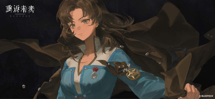 1girl badge black_background black_coat black_hair blue_shirt closed_mouth coat copyright_name copyright_notice green_eyes highres holding holding_unworn_clothes logo long_hair long_sleeves looking_at_viewer moldir_(reverse:1999) official_art official_wallpaper parted_bangs reverse:1999 shirt solo unworn_coat upper_body