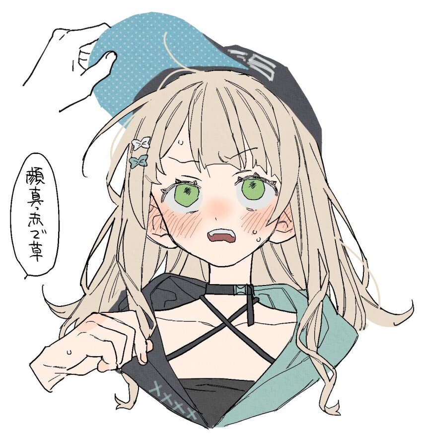 1girl baseball_cap blush dayama disembodied_hand green_eyes hat kaburaki_roco nijisanji virtual_youtuber white_background