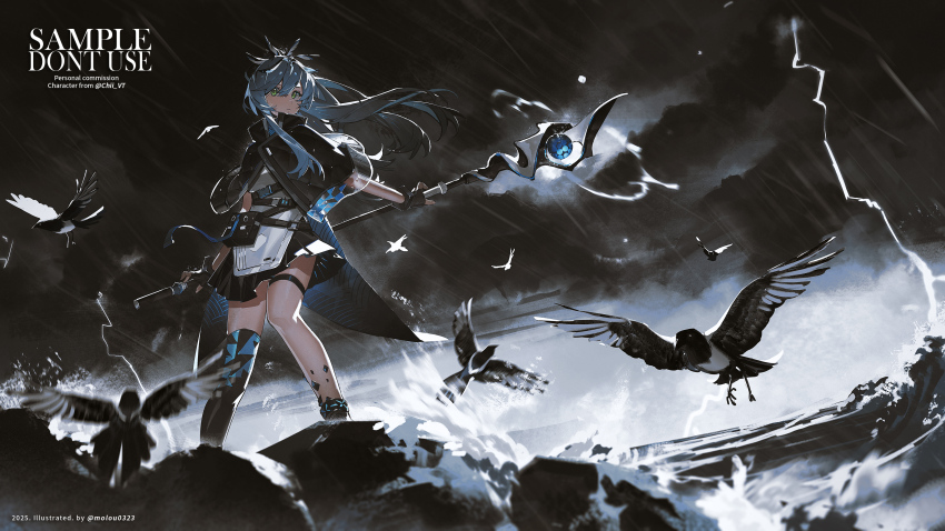 1girl 2025 absurdres aqua_eyes belt belt_bag black_bag black_belt black_boots black_capelet black_coat black_gloves black_skirt black_socks blue_hair boots capelet character_request closed_mouth coat coattails collared_capelet commentary commission commissioner_name copyright_notice english_commentary expressionless fingerless_gloves floating_clothes floating_hair flock full_body gloves hair_between_eyes high_belt high_collar highres holding holding_behind_back holding_staff holding_weapon_behind_back indie_virtual_youtuber lightning long_hair magpie material_growth miniskirt moroo multiple_belts ocean open_clothes open_coat over-kneehighs pleated_skirt ponytail rain sample_watermark shirt single_over-kneehigh single_thighhigh skirt socks solo staff standing storm thigh_strap thighhighs twitter_username vgen_commission virtual_youtuber watermark waves white_shirt