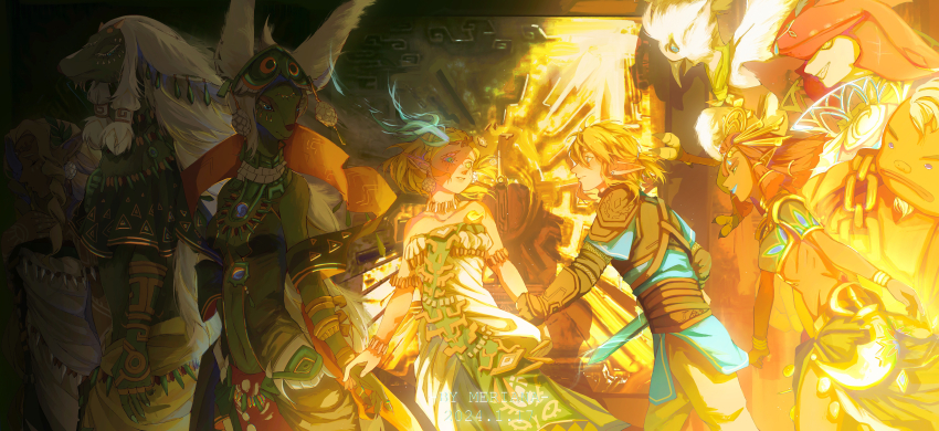 4girls 5boys absurdres beak blonde_hair dark-skinned_female dark_skin dress gerudo glowing_horns goron highres holding_another&#039;s_wrist horns light_dragon_(zelda) link looking_at_another merianaka mineru_(zelda) multiple_boys multiple_girls nintendo princess_zelda rauru_(tears_of_the_kingdom) red_hair riju rito shade sidon sonia_(zelda) sunlight the_legend_of_zelda the_legend_of_zelda:_tears_of_the_kingdom tiara tulin_(zelda) yunobo zonai zora