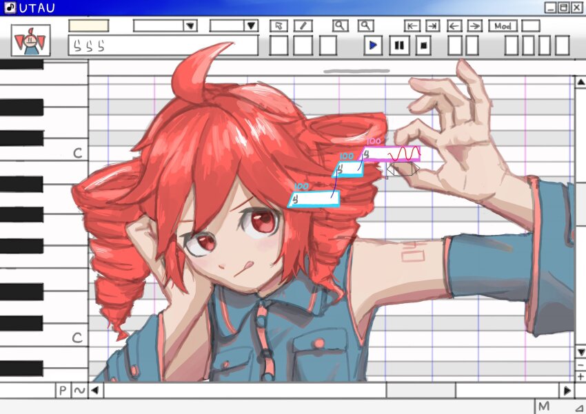 1girl :q ahoge bare_shoulders black_sleeves blue_shirt blue_sleeves breast_pocket collared_shirt detached_sleeves drill_hair hand_on_own_cheek hand_on_own_face hand_up head_rest highres kasane_teto kasane_teto_(utau) kinesis_fujin looking_at_object meta microsoft_windows number_tattoo pocket red_eyes red_hair shirt short_hair shoulder_tattoo sleeveless sleeveless_shirt smile solo tattoo through_medium through_screen tongue tongue_out twin_drills upper_body utau v-shaped_eyebrows window_(computing) windows_98 windows_classic