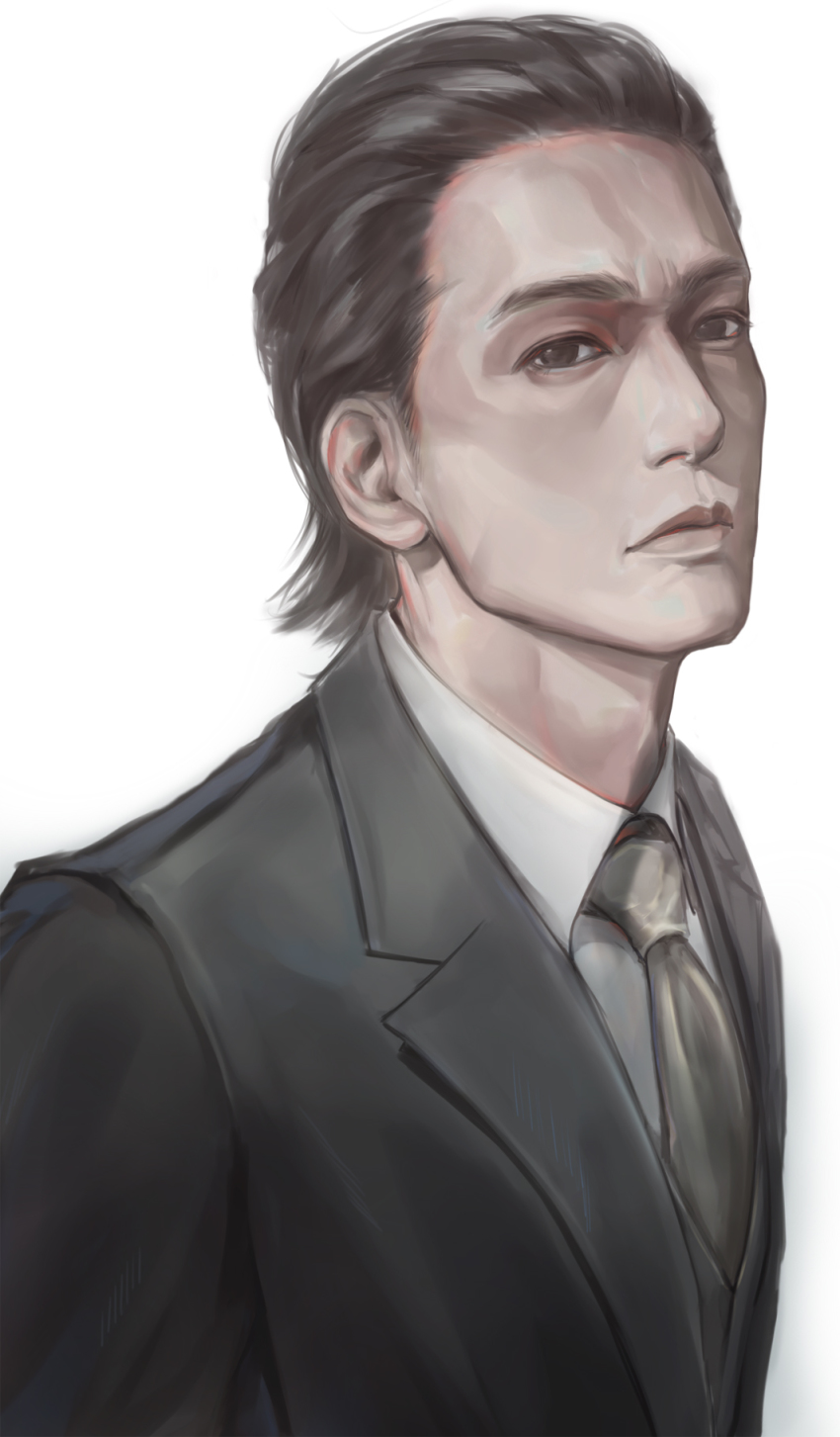 1boy black_hair black_jacket black_suit closed_mouth collared_shirt commentary dress_shirt facing_away forehead formal_clothes grey_necktie hair_slicked_back highres jacket jujuju looking_at_viewer male_focus necktie neckwear_request ryuu_ga_gotoku_(series) ryuu_ga_gotoku_0 shirt short_hair simple_background solo suit tachibana_tetsu upper_body white_background white_shirt