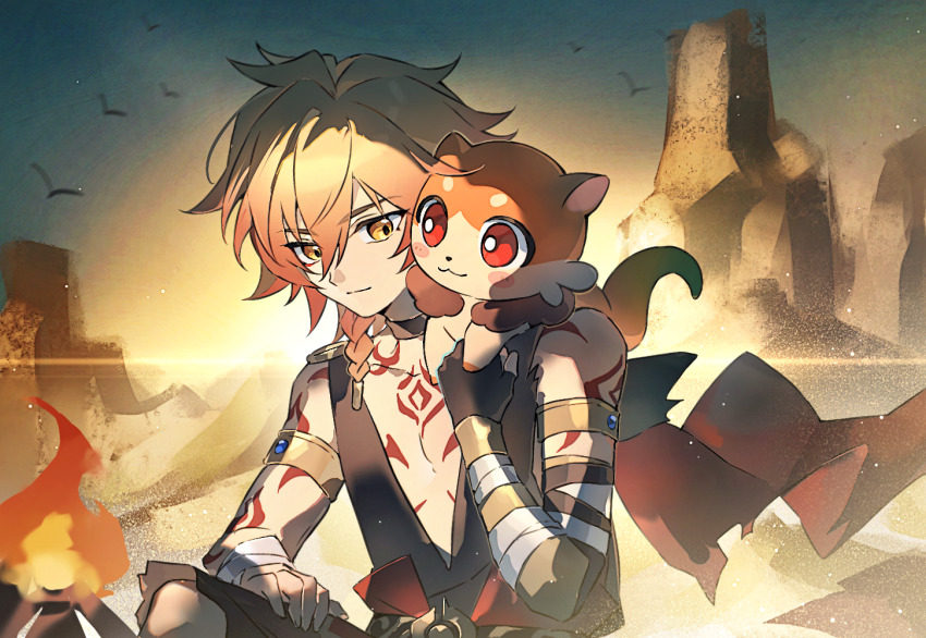 1boy arm_tattoo armlet bandaged_arm bandages black_choker black_shirt blonde_hair braid campfire chest_tattoo chimera_(honkai:_star_rail) chinese_commentary choker commentary_request creature creature_on_shoulder facial_tattoo gradient_hair hair_between_eyes honkai:_star_rail honkai_(series) jewelry male_focus multicolored_hair mydei_(honkai:_star_rail) night night_sky on_shoulder osamu18568716 red_hair red_tattoo shirt side_braid sitting sky sleeveless sleeveless_shirt solo tattoo yellow_eyes
