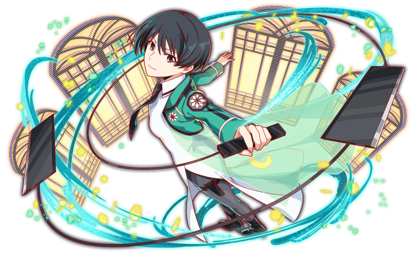 anime_coloring ankle_boots artist_request black_boots black_hair black_necktie black_trim boots breasts brown_eyes closed_mouth collar collared_dress collared_jacket crash_fever crescent_print cropped_jacket dress emblem eyelashes first_high_school_uniform floral_print_jacket floral_print_sleeves from_above full_body game_cg green_collar green_jacket green_sleeves green_veil grey_pantyhose hair_between_eyes head_tilt holding holding_weapon holster horizontal-striped_collar horizontal-striped_jacket horizontal-striped_sleeves jacket long_dress long_sleeves looking_at_viewer mahouka_koukou_no_rettousei medium_breasts necktie official_art official_style outline outstretched_arms pantyhose pelvic_curtain red_outline ribbon school_uniform see-through_clothes see-through_veil short_hair single_horizontal_stripe single_vertical_stripe smile solo spread_arms striped_clothes striped_collar striped_jacket striped_ribbon striped_sleeves tachi-e thigh_holster third-party_source transparent_background veil vertical-striped_sleeves watanabe_mari weapon white_collar window