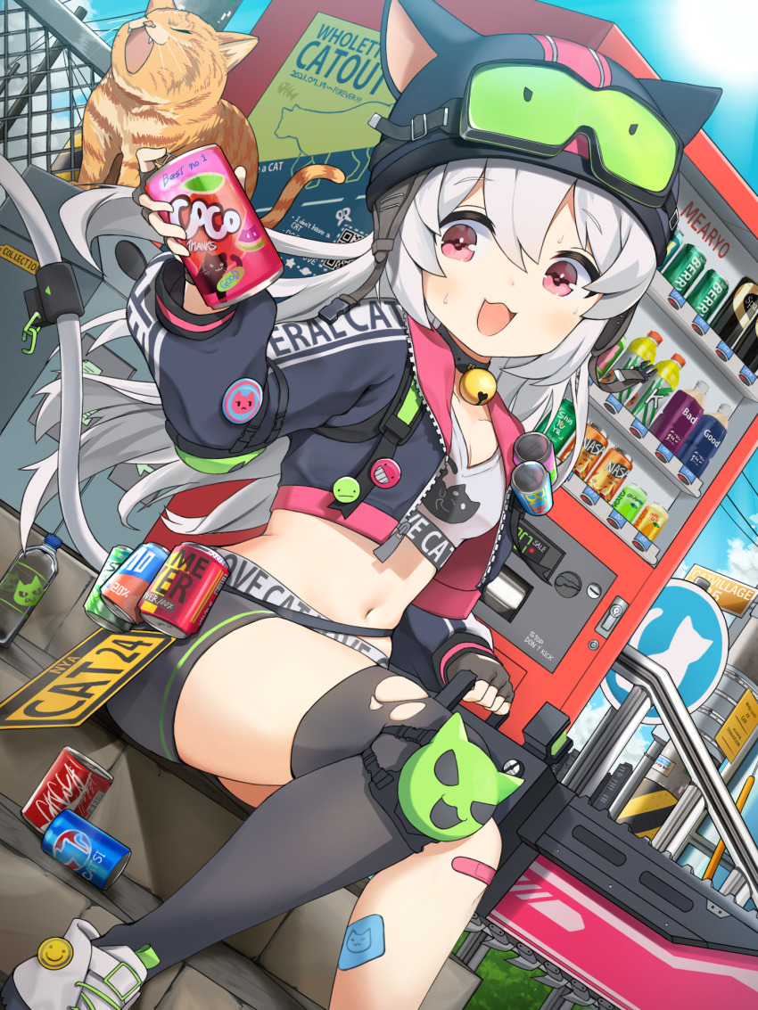 1girl :3 animal animal_ear_headwear animal_ears animal_ears_helmet animal_helmet badge bandaid bandaid_on_leg bell blush breasts button_badge can cat cat_ears cat_girl cat_helmet cat_tail collar commentary_request cropped_hoodie cropped_jacket day fake_animal_ears goggles goggles_on_headwear highres holding holding_can hood hoodie knee_pads license_plate long_hair long_sleeves mearyo midriff navel neck_bell open_mouth original outdoors pink_hair plastic_bottle recycle_bin revision shoes shorts single_knee_pad single_thighhigh sitting sky small_breasts smile smiley_face sneakers solo sports_bra stairs sweat tail thighhighs vending_machine very_long_hair white_hair white_sports_bra