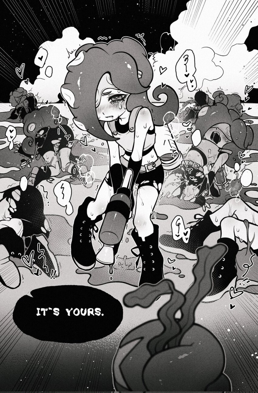 1boy 6+girls after_vaginal aftersex all_fours armor bare_shoulders belt belt_buckle bike_shorts blush boots breastplate breasts buckle clenched_teeth commentary crop_top crying crying_with_eyes_open cum cum_in_pussy cum_on_body cum_on_stomach cumdrip dj_octavio elbow_gloves emphasis_lines english_commentary english_text fingerless_gloves gloves goggles greyscale heart heart_in_eye heavy_breathing highres holding holding_weapon ink_tank_(splatoon) liang_cun_rakuna long_hair lying midriff mind_break monochrome motion_lines multiple_girls nintendo octo_shot_(splatoon) octoling on_side open_mouth out_of_frame paint_splatter parted_bangs puddle saliva seaweed small_breasts solo_focus sound_effects speech_bubble splatoon_(series) suction_cups sweat symbol_in_eye tagme takozonesu tears teeth tentacle_hair torn_bike_shorts torn_clothes weapon