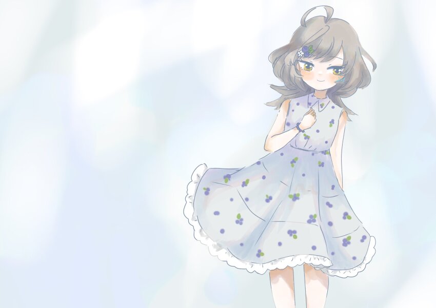 1girl arm_at_side artist_name assault_lily bare_arms bare_shoulders bead_bracelet beads blueberry_hair_ornament blueberry_print blush bracelet closed_mouth collared_dress commentary_request dress feet_out_of_frame flower food-themed_hair_ornament food_print frilled_dress frills fumi_(fumifumi3axl) gradient_background grey_background grey_dress grey_hair hair_flower hair_ornament hand_on_own_chest hand_up highres jewelry leaning_to_the_side long_hair print_dress sasaki_ran sleeveless sleeveless_dress smile solo standing white_background white_flower yellow_eyes