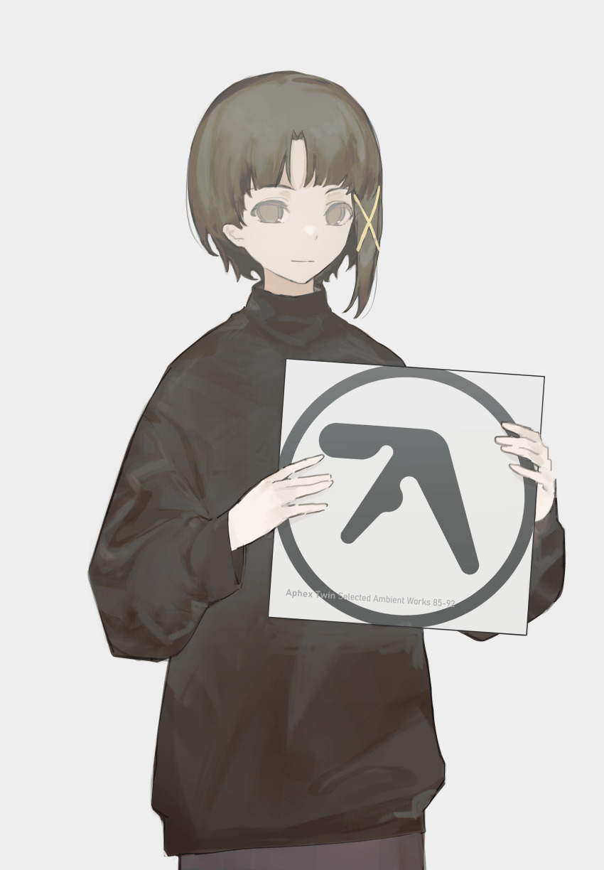 1girl absurdres aphex_twin black_sweater brown_eyes brown_hair commission commissioner_upload grey_background hair_ornament highres holding holding_record_jacket iwakura_lain long_skirt looking_at_viewer non-web_source purple_skirt record record_jacket serial_experiments_lain skirt smile solo sweater x_hair_ornament yuishironeko