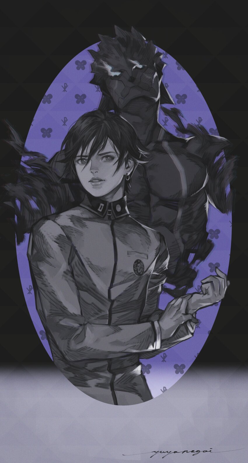 1boy absurdres black_hair greyscale_with_colored_background highres looking_at_viewer persona persona_1 school_uniform seimen_kongou shirt solo st._hermelin_school_uniform toudou_naoya v8