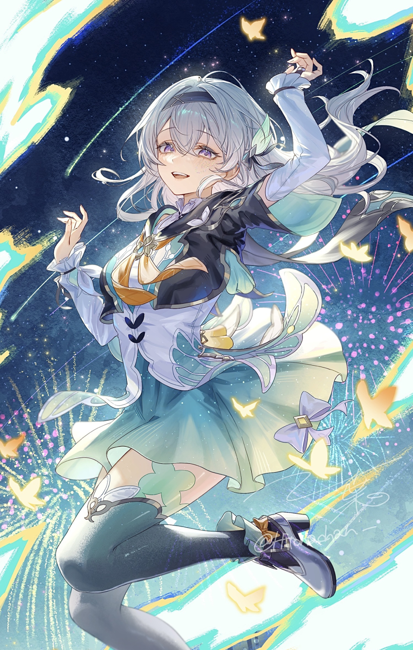1girl :d ankle_boots black_jacket boots breasts commentary feet_out_of_frame firefly_(honkai:_star_rail) green_skirt green_thighhighs highres hitohachan honkai:_star_rail honkai_(series) jacket long_hair long_sleeves looking_at_viewer medium_breasts multicolored_eyes neckerchief open_clothes open_jacket open_mouth orange_neckerchief purple_eyes shooting_star skirt smile teeth thighhighs two-tone_eyes upper_teeth_only