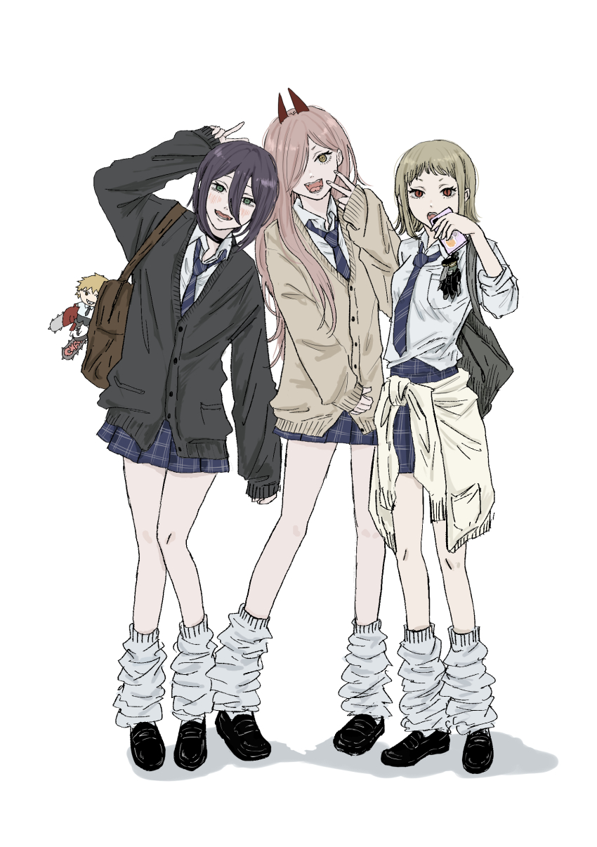 3girls absurdres bag black_hair blonde_hair breasts brown_eyes cardigan cardigan_around_waist cellphone chainsaw_man character_doll charm_(object) clothes_around_waist commentary_request cross-shaped_pupils denji_(chainsaw_man) diagonal-striped_clothes diagonal-striped_necktie green_eyes gyaru hair_between_eyes hair_over_one_eye highres holding holding_bag holding_phone horns iing_naoe katana_man_(chainsaw_man) long_sleeves loose_necktie loose_socks medium_breasts multiple_girls necktie phone pink_hair plaid_clothes plaid_skirt power_(chainsaw_man) red_horns revision reze_(chainsaw_man) sawatari_akane_(chainsaw_man) school_bag school_uniform skirt sleeves_past_wrists sleeves_rolled_up smartphone socks striped_clothes symbol-shaped_pupils v yellow_eyes